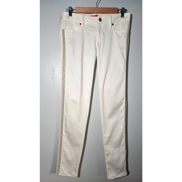 Lilly Pulitzer White Pants Jeans Gold Stud Trim. L emblem on back pocket, Sz 2 - Picture 1 of 10
